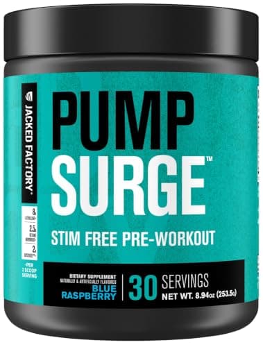Jacked Factory Pumpsurge Caffeine Free Pre Workout for Men & Women - Nootropic Booster & Stim Free Pre Workout - Intense Pumps, Enhanced Focus - 30 Servings, Blue Raspberry