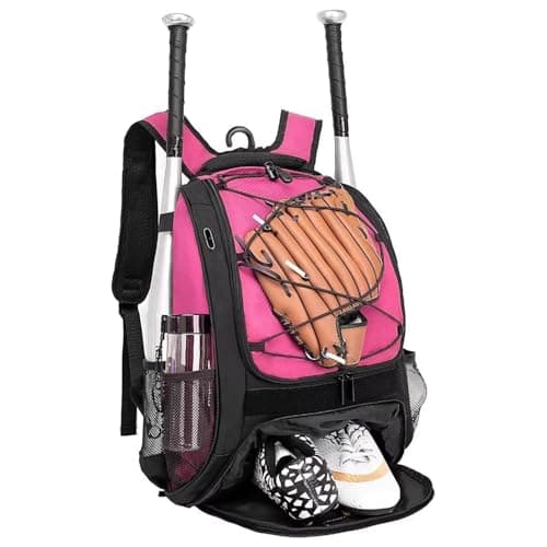 DAFISKY Baseball Bag Softball Backpack - Youth Adult T Ball Bat Equipment Bag with Bat and Helmet Holders, Shoe Compartment and Hook, Pink