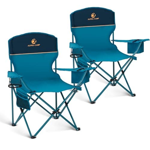 LET'S CAMP Camping Chair 2 Pack Folding Chair with 4-Can Cooler Bag Portable Lawn Chair with Cup Holder,Storage Pocket, Supports 250LBS, Collapsible Chair for Camp, Beach, Picnic (Blue)