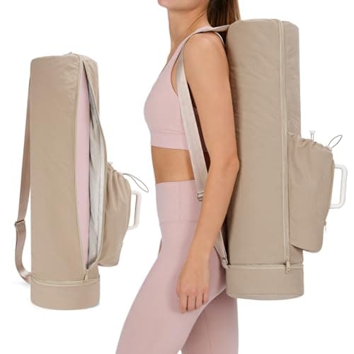 sportsnew Puffy Yoga Mat Bag Yoga Gym Bags for Women Men, Full-Zip Pilates Bag with Wet Pocket & Side Zip Drawstring Pocket Fits Tumblers with Handle, Yoga Mat Storage for Quick Access, Khaki