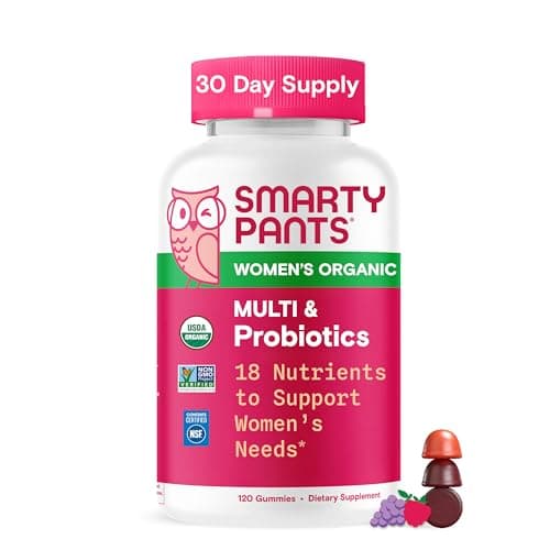 SmartyPants Women’s Organic Multi & Probiotics Multivitamin Gummies with Bacillus Subtilis [DE111], Omega 3 ALA, Methylfolate, Vitamin C, B12, Clean Label, 3 Fruit Flavors, 120 Count (30 Day Supply)