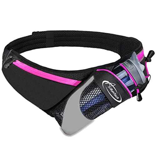 AiRunTech Upgraded No Bounce Hydration Belt Can be Cut to Size Design Strap for Any Hips for Men Women Running Belt with Water Bottle Holder with Large Pocket Fits Most Smartphones(Pink)