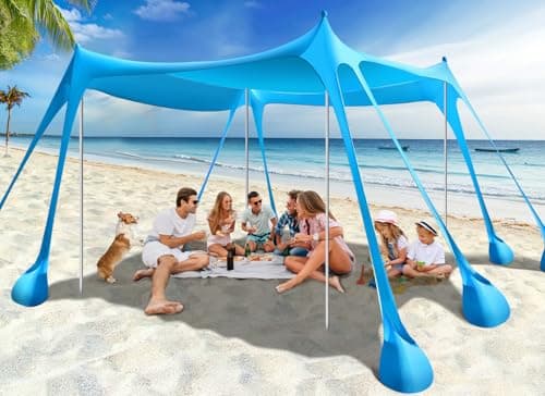 Rhino Valley Beach Tent, 10 x 10 FT Beach Shade UPF50+ Protection, Beach Canopy with 8 Sandbags 4 Stability Poles, Outdoor Beach Tent Sun Shelter Umbrella for Sand,Camping,Fishing Essentials, Sky Blue