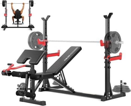 Yoleo 1980LBS Weight Bench with Rack - Bench Press Set, Leg Extension, Preacher Curl & Flat/Incline/Decline Full Body Workout Bench, Adjustable Olympic Weight Benches for Home Gym(47.44IN WIDE GRIP)