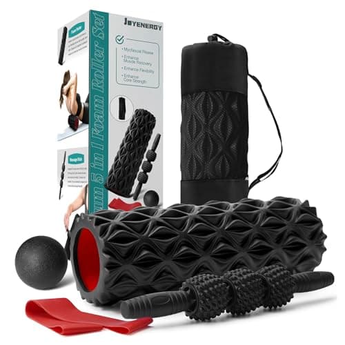 JOYENERGY 5 in 1 Foam Roller Set Trigger Point Foam Roller, Massage Roller Stick, Massage Ball, Stretching Strap for Deep Muscle Massage Pilates Yoga, Fitness Exercise for Whole Body (Black Diamond)