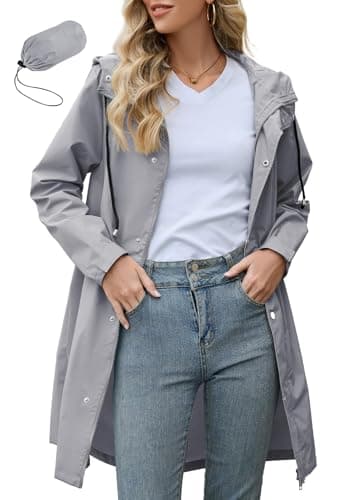 Zando Womens Plus Size Rain Jacket with Hood - Travel Rain Coats for Women Packable Rain Jacket Women Waterproof Long Raincoat Lightweight Windbreaker Trench Coat for Outdoor Gifts Gray 2XL
