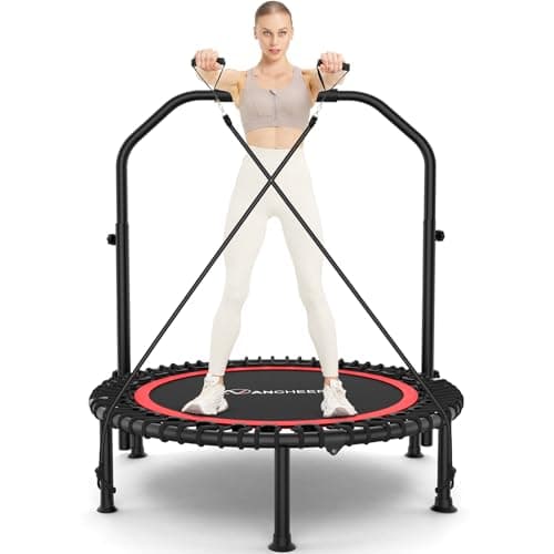 ANCHEER 48" Foldable Mini Trampoline - Max Load 350lbs - 450lbs Indoor Exercise Equipment - with 4 Level Adjustable Foam Handle and Resistance Bands - Adult Exercise Rebounder Trampoline for Home, Red