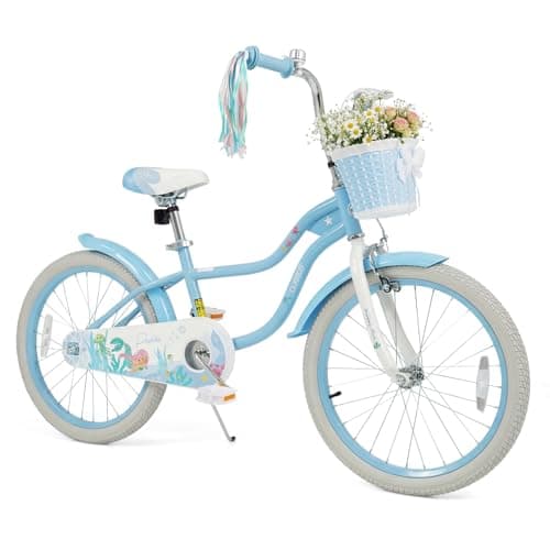 Olakids Kids Bike, 12 14 16 18 20 Inch Mermaid Theme Girls Bicycle with Basket Adjustable Seat and Handlebar Dual Brake (20 Inch, Blue)