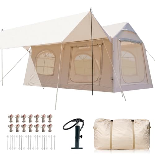 10-12 Person Large Inflatable Tents for Camping, Blow Up Tent House 2 Rooms, 4 Season Hot Tent House with Stove Jack & AC Port, Air Glamping Camping Tent for Outdoor, Easy Quick Setup with Air Pump