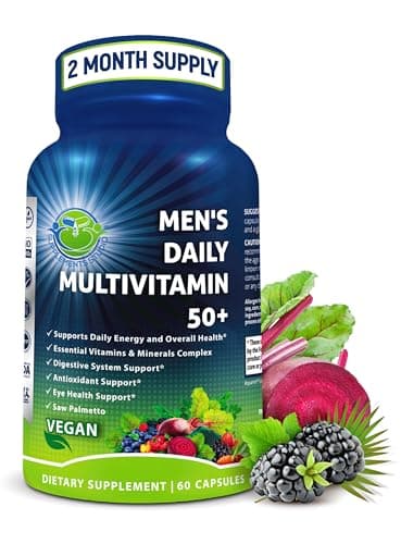 Men's Daily Multivitamin 50 Plus - Vegan Methylated Multivitamin for Men 50 and Over - Saw Palmetto, Biotin, Organic Superfoods, Lutein - Eye, Energy, Gut, Health Support - Easy to Swallow Capsules