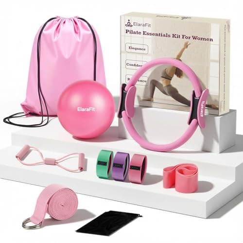 ElaraFit Home Pilates Ring and Ball Set for Women with 5 Resistance Bands 13 inch Magic Circle Workout Starter Kit for Beginners Full Body Toning 15 Min Daily Routine,Pink Mix