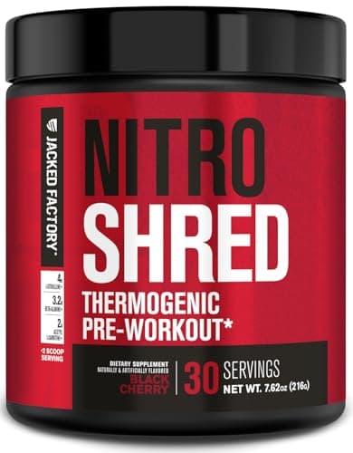 Jacked Factory NITROSURGE Shred Pre Workout Supplement - Energy Booster, Instant Strength Gains, Sharp Focus, Powerful Pumps - Nitric Oxide Booster & PreWorkout Powder - 30Sv, Black Cherry