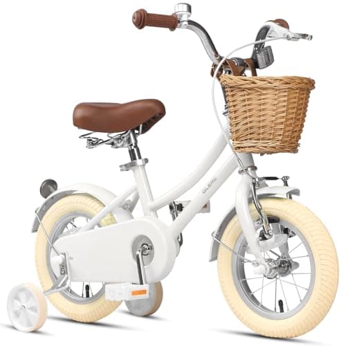 Glerc ‎Little Molly 12 Inch Kids Bike, Retro Cruiser Girls Bicycle for Children Ages 2-4 Years Old, Toddler Bike with Wicker Basket & Training Wheels, White