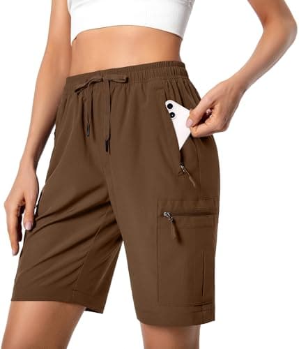 Hugut Women's Lightweight Hiking Cargo Shorts Quick Dry Athletic Shorts Camping Travel Golf Zipper Pockets Water Resistant Brown