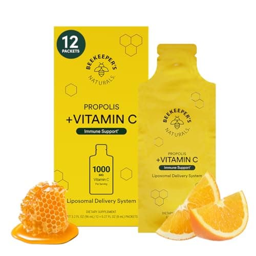 Propolis Liposomal Vitamin C by Beekeeper's Naturals, 1000mg Vitamin C, Propolis & Organic Honey, Supercharged Immune Support & Increased Bioavailibity for Max Absorption, 12 Ct