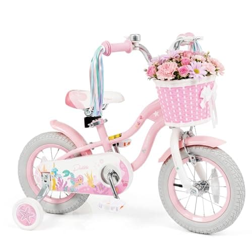 Olakids Kids Bike, 12 14 16 18 20 Inch Mermaid Theme Girls Bicycle with Training Wheels Basket Adjustable Seat and Handlebar Dual Brake (12 Inch, Pink)