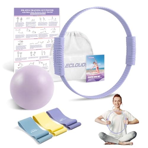 Paleclouds Pilates Essentials Kit for Women, 13.5" Pilates Ring and Ball Set with Resistance Bands for Home Workouts, Portable Pilates Kit with Bag & Training Poster for Full Body Exercise (Purple)