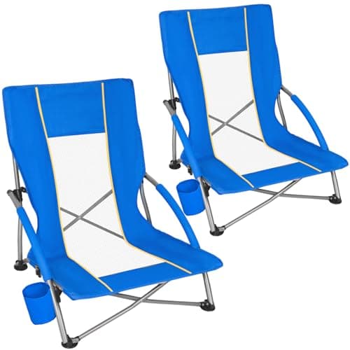 Romswi Low Beach Chairs for Adults 2 Pack, Lightweight Folding Sand Chairs with Breathable Mesh Back & Cup Holder, Portable Compact Camping Chairs, 400lbs Capacity,Blue