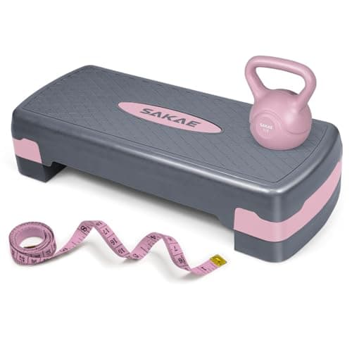 Pink Grey Exercise Step Platform Set with Kettlebell & Measuring Tape, Adjustable Height 2 Level Risers Workout Step Trainer, Aerobic Steppers for Home Gym Exercise Fitness Workout