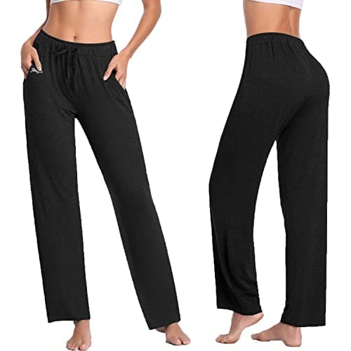 Jorlyen Womens Lounge Pants with Pockets Wide Leg Sweat Pants Tall Straight Leg High Waist Workout Walking Pants Comfy Lounge Pants, Black S