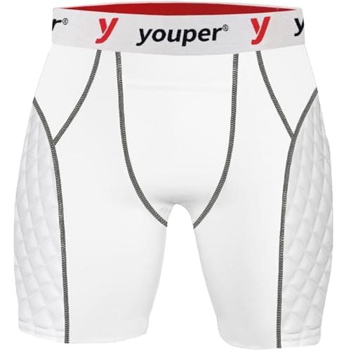Youper Youth Elite Compression Padded Sliding Shorts w/Cup Pocket for Baseball, Football (Small, White Grey Red)