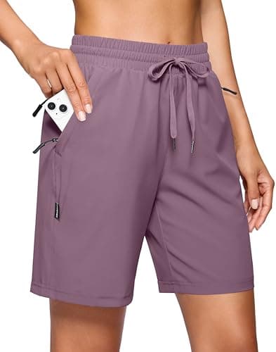 SANTINY Women's 7''/ 9'' Hiking Shorts with 3 Zipper Pockets Lightweight Quick Dry Long Athletic Golf Shorts for Women Casual (Light Purple_XXXL)