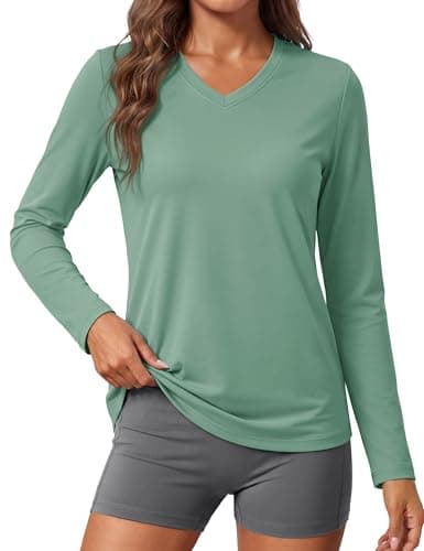 MAGCOMSEN SPF Shirts for Women Long Sleeve Workout Tops V-Neck UPF 50+ UV Sun Shirt Quick Dry Tees Swim Tops Grey Green L