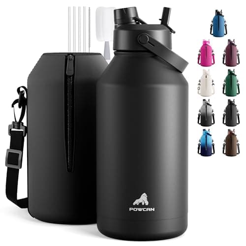 POWCAN 64 oz Insulated Water Bottle for Sports: 2-in-1 Straw & Spout Lid, Leakproof, Carrier Bag, Shoulder Strap, Keep Cold 48H, BPA-Free, Half Gallon Metal Water Jug for Gym, Travel, Gift (Midnight)