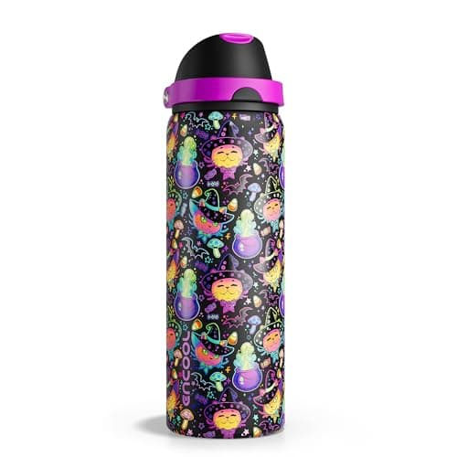 Insulated Water Bottle with Straw - Encool Stainless Steel Water Bottle with Push Button Lid, Leak-Proof & BPA-Free, Keeps Cold for 24 Hours for Sports, Travel, Gym (32 oz, Meowgic Night)