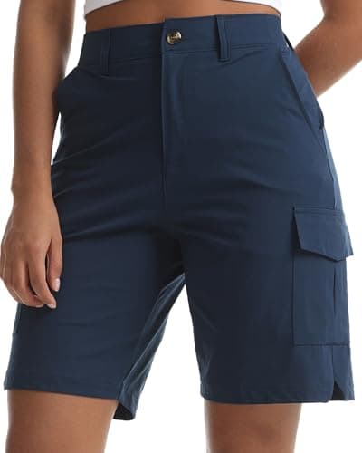 Yoglegins Women's Lightweight Hiking Cargo Shorts for Running Athletic Camping Travel Golf - Water Resistant with 5 Pockets(Navy Blue, Large)