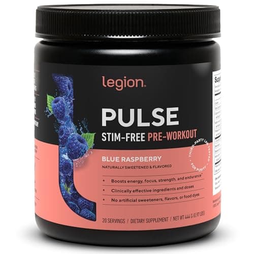 LEGION Pulse Pre Workout Supplement - All Natural Nitric Oxide Preworkout Drink to Boost Energy, Creatine Free, Naturally Sweetened, Beta Alanine, Citrulline, Alpha GPC (Caffeine Free Blue Razz)