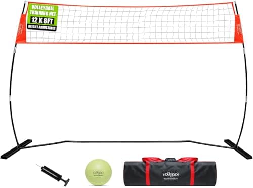 12FT Portable Volleyball Training Net for Hitting or Serving Drills, Outdoor & Indoor Freestanding Volleyball Practice Net with Height Adjustable, Glow in Dark Ball, Carry Bag