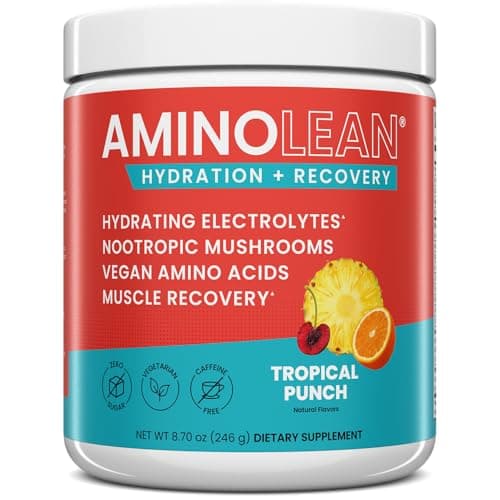 AminoLean Recovery + Hydration – Electrolytes Powder & BCAA Amino Acids for Instant Hydration & Post-Workout Recovery – Nootropic Mushrooms, Vegan Aminos, Zero Sugar, 30 Servings