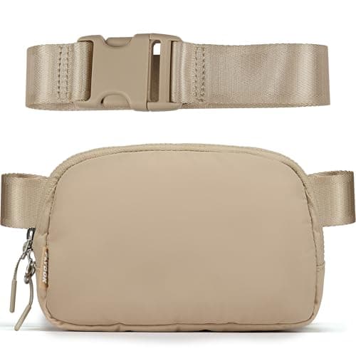 FLYOOK Unisex Mini Belt Bag, Adjustable Strap Nylon Cross Body Sling Bag for Workout, Running, Traveling, Hiking. (Two Way Plastic Zipper, Beige)