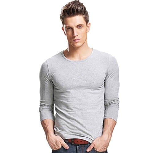 Xudian Long Sleeves Men T-shirt Crew-neck, Size US Large, Light Grey