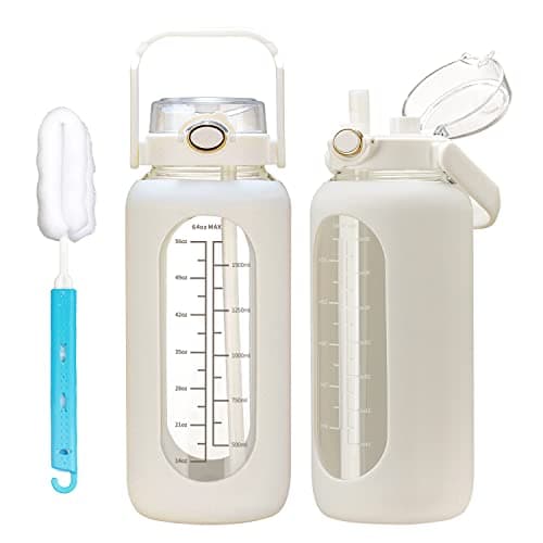 chunmo 64oz Glass Water Bolttles with Straw Half Gallon Large Motivational Water Bottle with Time Marker Sports Water Bottles with Silicone Sleeve and Handle Lid Water Jug for Gym Workout