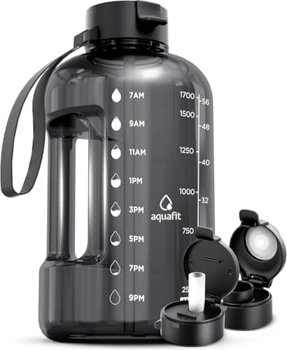 AQUAFIT 64 oz Water Bottle with Time Marker - Straw & Chug Lid - BPA Free Half Gallon Gym Water Bottle with Handle - Big Gallon Jug (Gray, 64 Ounces)