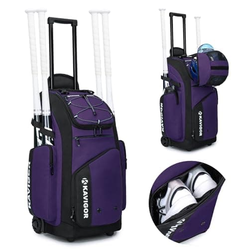 KAVIGOR Rolling Baseball Bag with Wheels for Youth, 60L Capacity Softball Equipment Bag Holds 4 Bats with Shoe Compartment for Boys & Girls