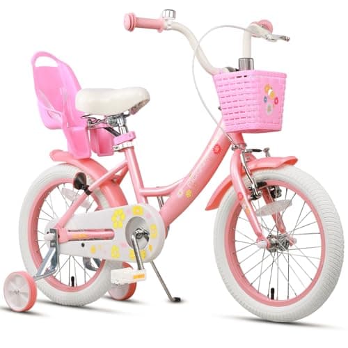 Glerc Maggie Girls Bike, 16 Inch Kids Bike for 4-7 Years Old Children, Princess Style Kids Bicycle with Doll-Seat & Basket & Training Wheels, Pink & White