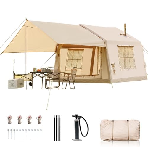 Inflatable Camping Tents with Canopy, Blow Up Tent for Camping Adults 4-6 People, Inflatable Hot Tent with Stove Jack & AC Ports, Glamping Tents for Outdoors, Easy Setup with Air Pump