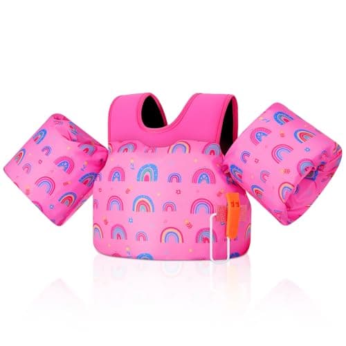MoKo Toddler Swim Vest for Kids, Arm Floaties for Toddler 20-30-50 lbs, Water Wings with Emergency Whistle, Cute Arm Band Pool Floaties Swim Training Equipment for Beach, Pool, Deep Pink Rainbow