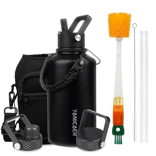 YONICOER Insulated Water Bottle 64oz,Triple Wall Vacuum Stainless Steel(Dishwasher Safe),Leak Proof & Non-BPA,Flask Jug with Paracord Handle & Straw Spout Lids Sports Black