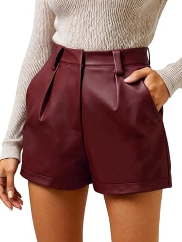 XinYangNi Faux Leather Shorts for Women Pleather Elastic High Wasited Pleated Wide Leg Dressy with Pockets Wine Red Large