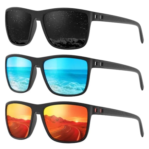 Fanshen Square Polarized Sunglasses for Men, 3 Pack Lightweight UV Protection Sun Glasses for Driving Fishing Golf (Black/Ice Blue/Red)