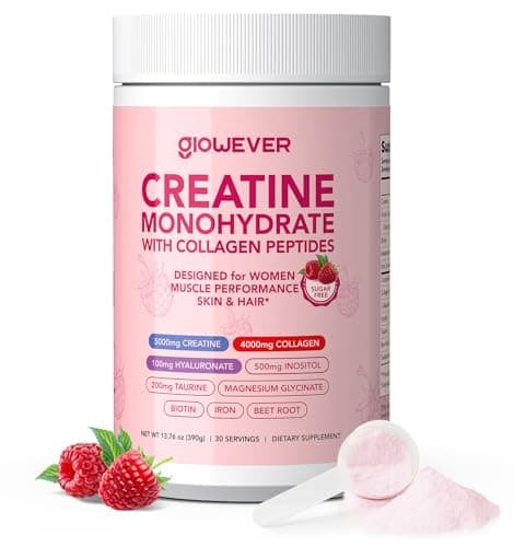 GlowEver Creatine for Women | 5g Creatine Monohydrate + 4g Collagen Peptides Complex Creatine Powder | Sugar-Free, Gluten-Free, Non-GMO, Easily Soluble | Raspberry, 30 Servings