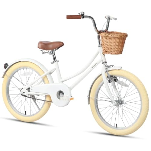 Glerc Little Molly 20 Inch Kids Bike, Retro Cruiser Girls Bike for Children Ages 7-13 Years Old, ‎Kids Bicycle with Wicker Basket & Kickstand, White