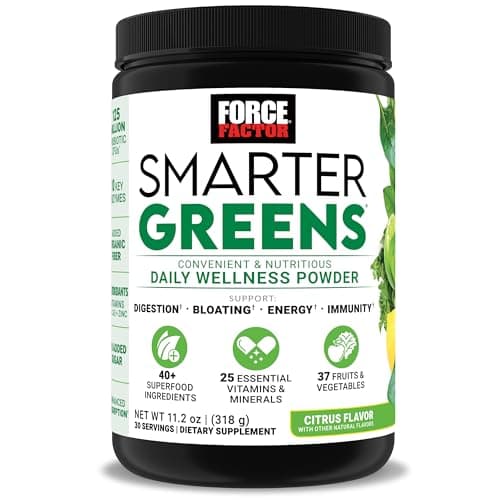 Force Factor Smarter Greens Daily Wellness Powder, Greens Superfood Powder to Support Gut Health, Bloating & Digestion, with 40+ Superfoods, 125 Million CFUs of Probiotics, Citrus Flavor, 30 Servings