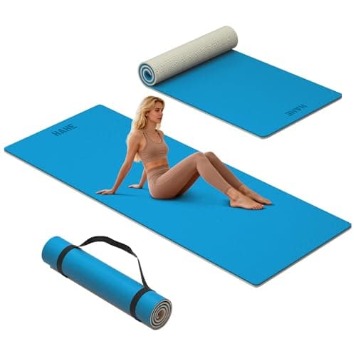 HAHE Extra Thick Yoga Mat, 72"Lx32"Wx0.4"Th (10mm), Wide Non-slip Exercise Mats with Carry Strap, Double-Sided POE Fitness Mat for Yoga, Pilates & Floor Workouts (Blue+Milk Coffee)
