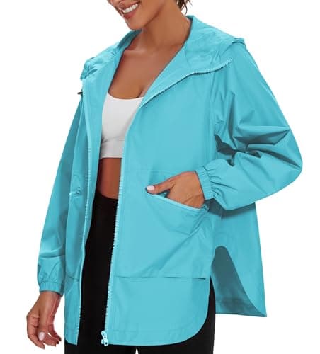 Women's Packable Green Rain Jacket Plus Size Long Raincoat Lightweight Hooded Windbreaker Waterproof Jackets with Pockets, Aqua Tone, Large