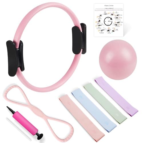 Pilates Kit, Pilates Ring Set 15” Magic Circle Ring and Pilates Ball with Resistance Bands, Pilates Essentials Kit for Women, Pilates Equipment Pilates Set for Beginners Home Pilates Workouts Kit Pink